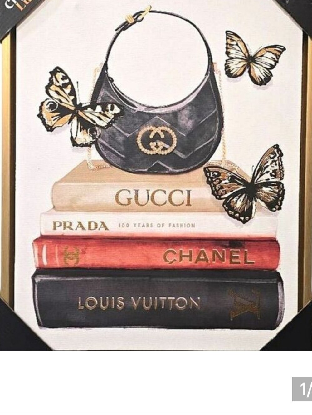 Crystal Luxe Gucci, Chanel, Louis & Prada Fashion Bookstack Framed Canvas Wall D